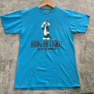 Vintage Six Flags Shirt Mens M Sylvester 1997 Hang On Tight Looney Tunes *FLAW